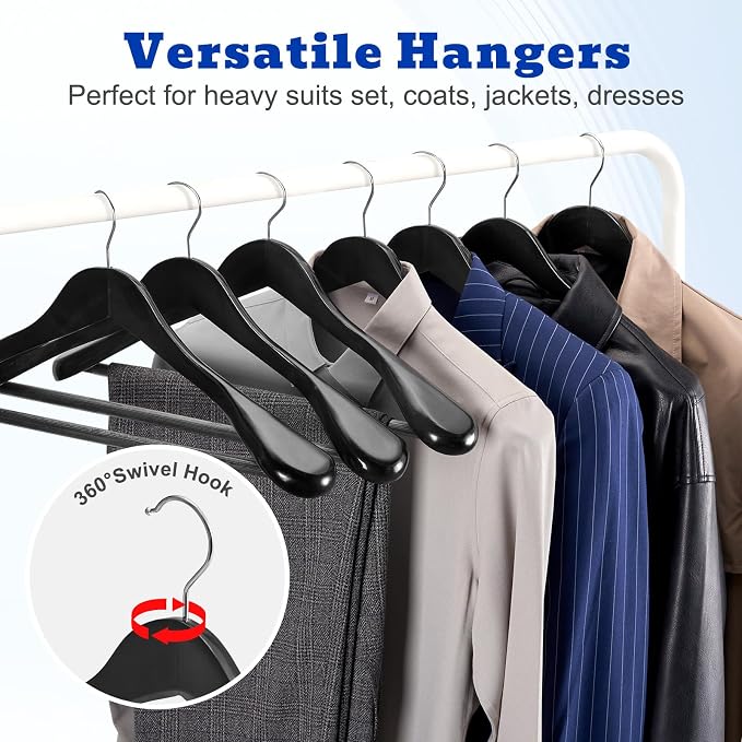 HOUSE DAY Wide Shoulder Wooden Hangers 12 Pack, Wood Suit Hangers for Men with Non Slip Pants Bar, Smooth Finish Solid Wood Coat Hangers for Jacket, Pants, Dress, Heavy Clothes Hangers (Black) - Image 6