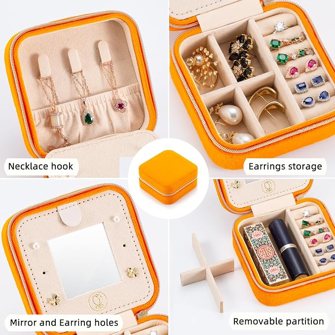 TRODANCE Plush Velvet Travel Jewelry Case Organizer, Small Travel Jewelry Box,Portable Jewelry Box Travel Mini Organizer Portable Display Storage Box For Rings Earrings Necklaces (Orange) - Image 4