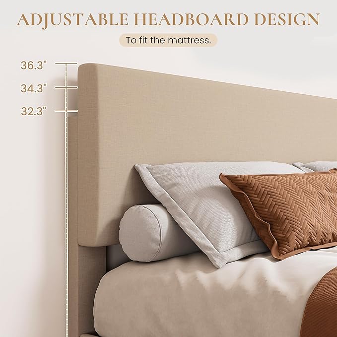 SHA CERLIN Upholstered Queen Size Bed Frame with Adjustable Headboard, Stable Mattress Foundation, Strong Back-Support, No Box Spring Needed, Beige