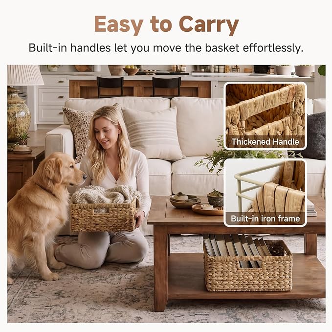 StorageWorks Large Rectangular Wicker Basket, Water Hyacinth Storage Basket with Built-in Handles, 1 Pack - Image 4