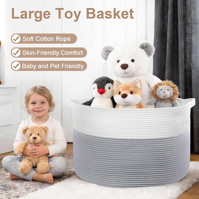 XXL Large Laundry Basket, 90L Soft Cotton Rope Basket, Blanket Storage and Organizers, Baby Nursery Laundry Hamper, Extra Large Toys Storage Bins for Kids 23'' x 13'', White & Gray - Image 4