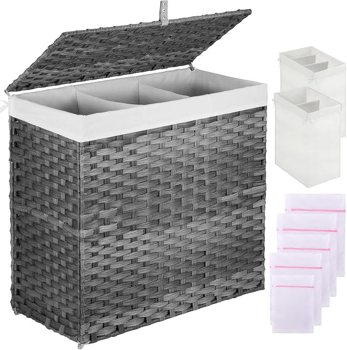 Greenstell Laundry Hamper with Lid, 125L Large Clothes Hamper with 3 Section & 2 Section Removable Liner Bags & 5 Mesh Laundry Bags, Handwoven Synthetic Rattan Divided Laundry Basket, Gray by Greenstell