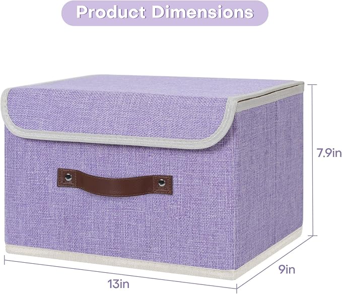 ANMINY 4PCS Storage Bin with Lid Storage Boxes with PU Leather Handles PP Plastic Board Decorative Foldable Lidded Cotton Linen Fabric Home Cubes Baskets Closet Organizer Container - Purple, Medium - Image 5