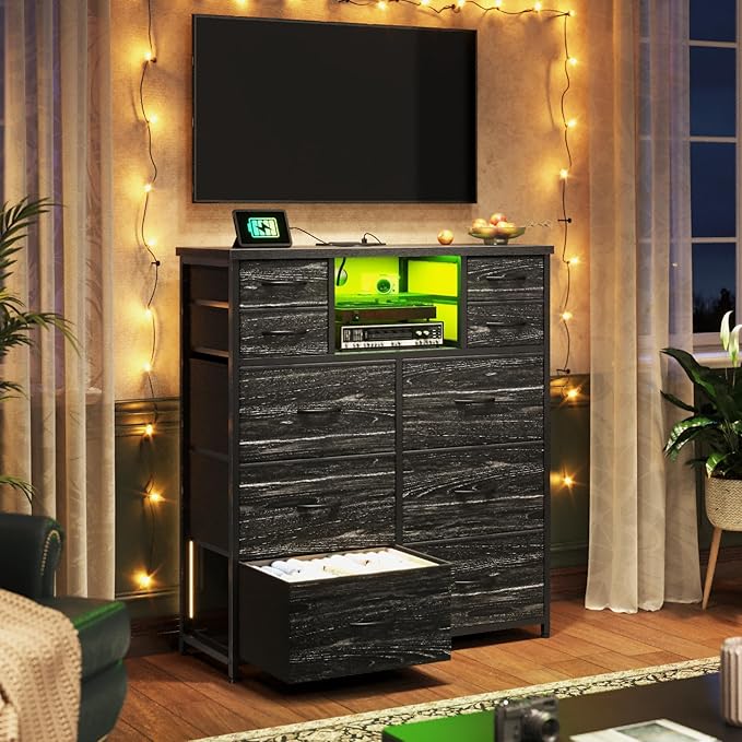 Romorgniz Dresser for Bedroom with 10 Drawers Featuring LED Light and Power Outlet, Fabric Dressers & Chest of Drawers with Open Shelves for Hallway, Living Room, Metal Frame,Wood Top,Grain Black