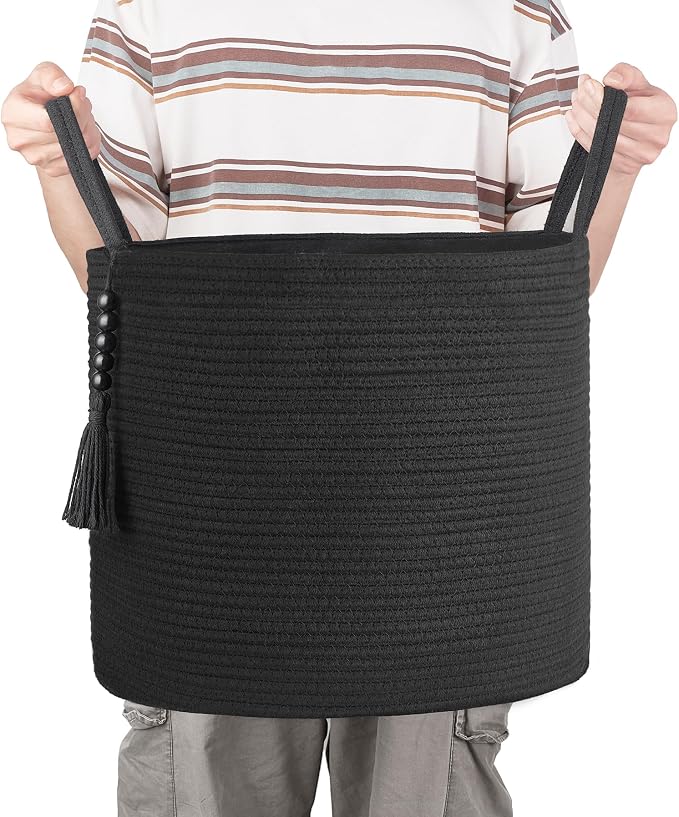 Mkono Woven Storage Basket Decorative Natural Rope Basket Wooden Bead Decoration for Blankets,Toys,Clothes,Shoes,Plant Organizer Bin with Handles Living Room Home Decor, 16" W×13.8" L, Black - Image 5