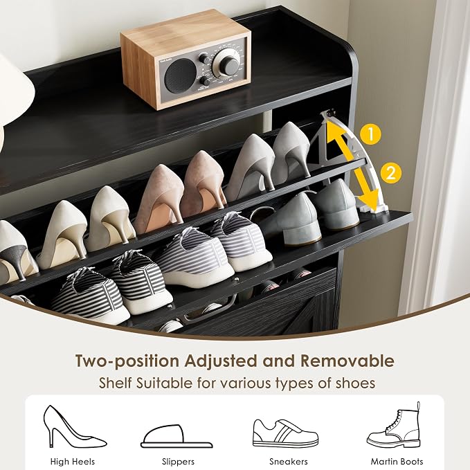 Nicetree Shoe Storage Cabinet with 2 Flip Drawers, Freestanding Shoe Organizer, Shoe Cabinet with Metal Legs, Narrow Shoe Rack Cabinet, Farmhouse Slim Shoe Cabinet for Entryway, Foyer, Hallway, Black - Image 7