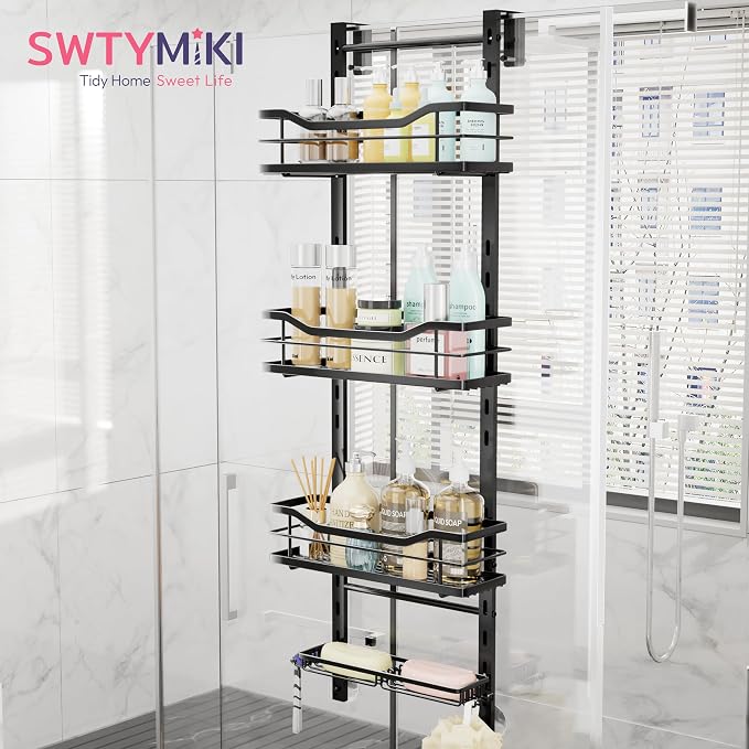 SWTYMIKI Over the Door Shower Caddy - 4 Tier Adjustable Shower Organizer Hanging with Soap Holder, No Drilling Stainless Steel Bathroom Rack Hanging for Body Wash, Shampoo, Soap, Razor, Black - Image 2