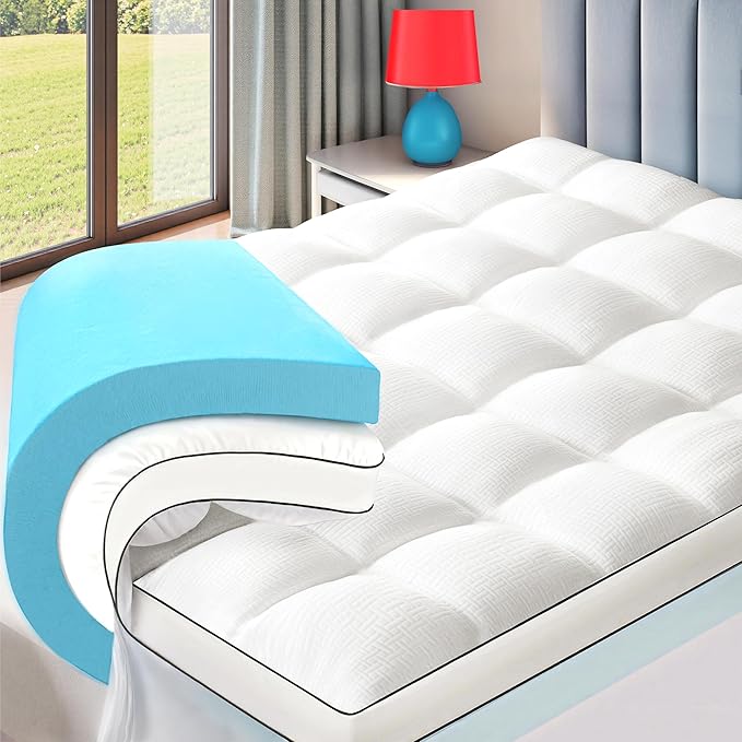 4 Inch Dual Layer Memory Foam Mattress Topper for Pressure Relief and Back Pain, 2" Gel Memory Foam and 2" Cooling Pillow Top Mattress Pad Cover, Medium Support, Full Size