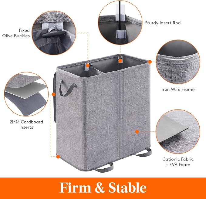 Lifewit Double Laundry Hamper with Lid and Removable Laundry Bags, Large Collapsible 2 Dividers Dirty Clothes Basket with Handles for Bedroom, Laundry Room, Closet, Bathroom, College, 136L Gray - Image 2