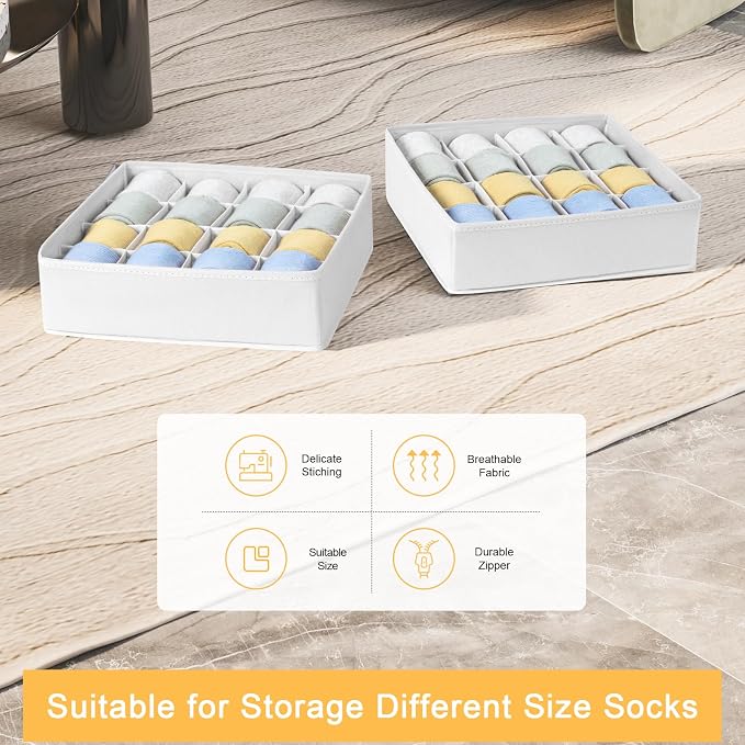 Joyoldelf Sock Drawer Organizer Divider, 16-Cell Underwear Organizers and Storage Fabric Drawer Organizer for Socks, Lingerie, Handkerchiefs, Ties Black, 2 Packs (White) - Image 6