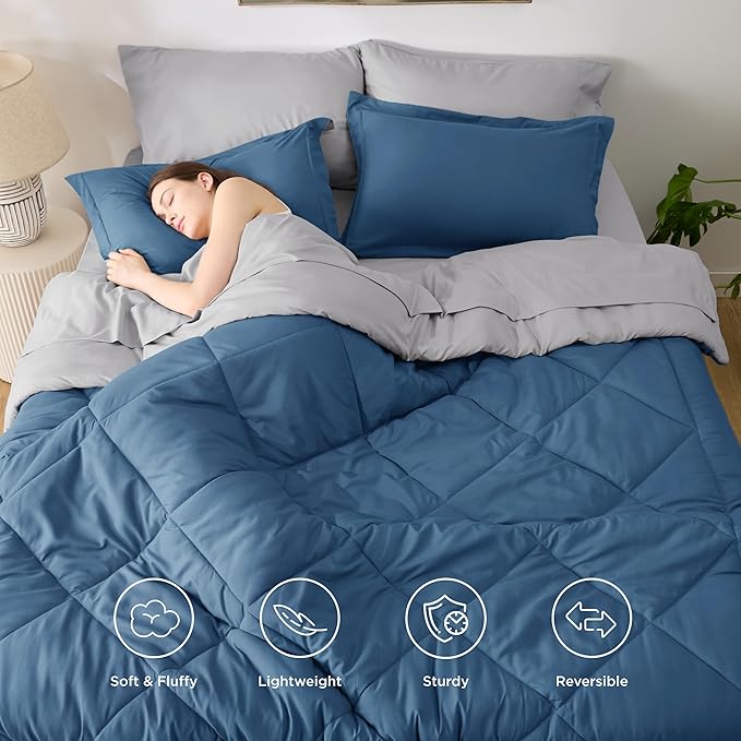 Bedsure California King Comforter Set - 7 Pieces Reversible Slate Blue Bedding, California King Size Bed Set for All Seasons, Bed in a Bag with Down Alternative Comforter, Sheets, Pillowcases & Shams