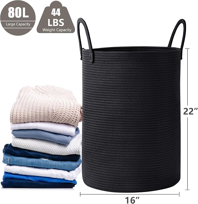 80L Extra Large Black Laundry Hamper Tall Woven Rope Laundry Basket for Clothes Modern Blanket Storage Basket in Living Room Bedroom 16"L x 16"W x 22"H - Image 3