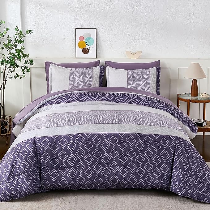 Dinjoy Purple King Size Comforter Set,Striped Boho Bed in a Bag King 7 Pieces Soft Microfiber Warm Fall Bedding Comforters Sets Modern Complete Bed Set for Women All Season