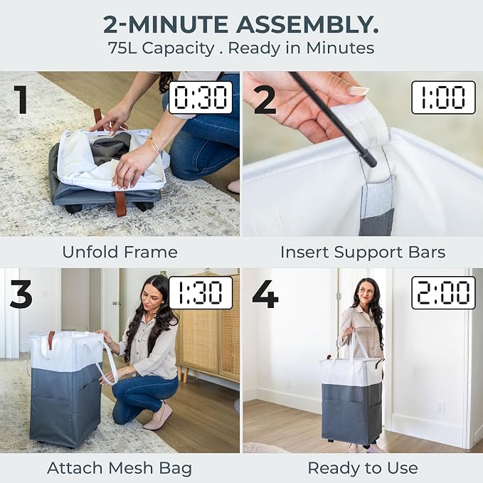 Laundry Basket with Wheels – Foldable, Space-Saving, Fabric Slim Laundry Hamper with Removable Bag and Side Pouches – Lightweight 75L Washing Basket for Clothes, Bedroom, Bathroom, Dorm - Image 7