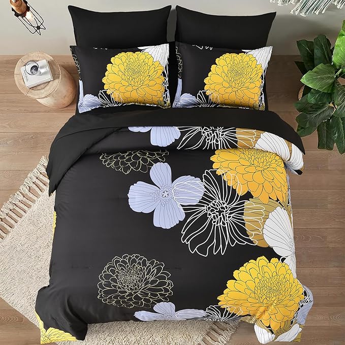 Yiran Bed in a Bag Queen Yellow Black Comforter Set 7 Pieces Soft Microfiber Floral Boho Bedding Set with 1 Comforter 1 Flat Sheet 1 Fitted Sheet 2 Pillowshams 2 Pillowcases