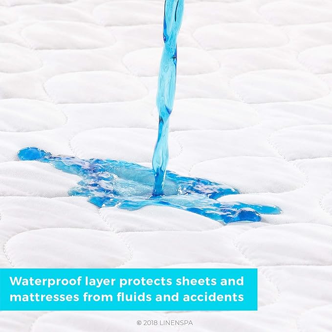Linenspa Waterproof Mattress Pad – 44" x 52" Non Slip Waterproof Sheet and Mattress Protector – Highly Absorbent, Machine Washable, Quilted – Fits Full & Queen, White