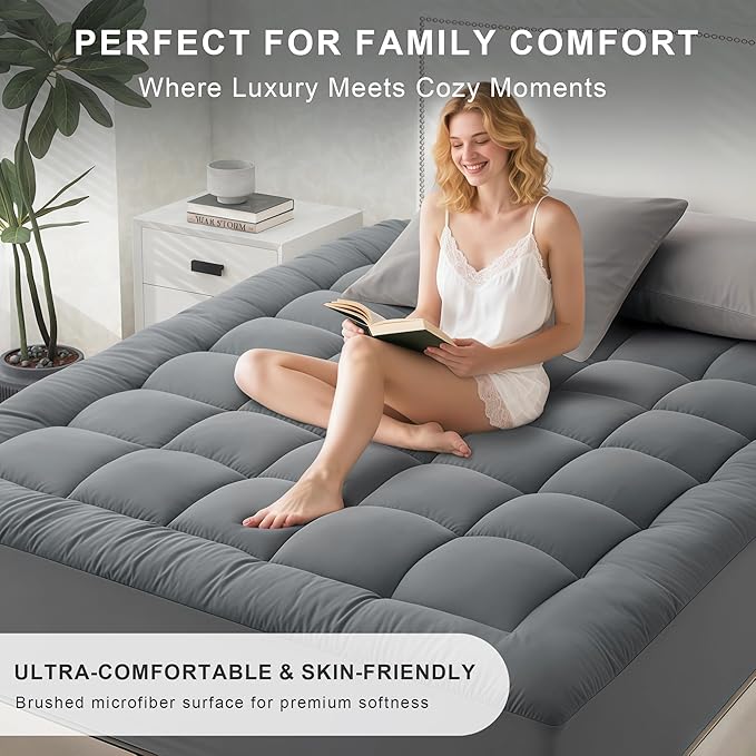 Quilted Mattress Pad Pillow Top Mattress Cover Protector Cooling Soft for Breathable Padded Deep Pocket 8-21 Fitted Supportive(Gray,Full Size)