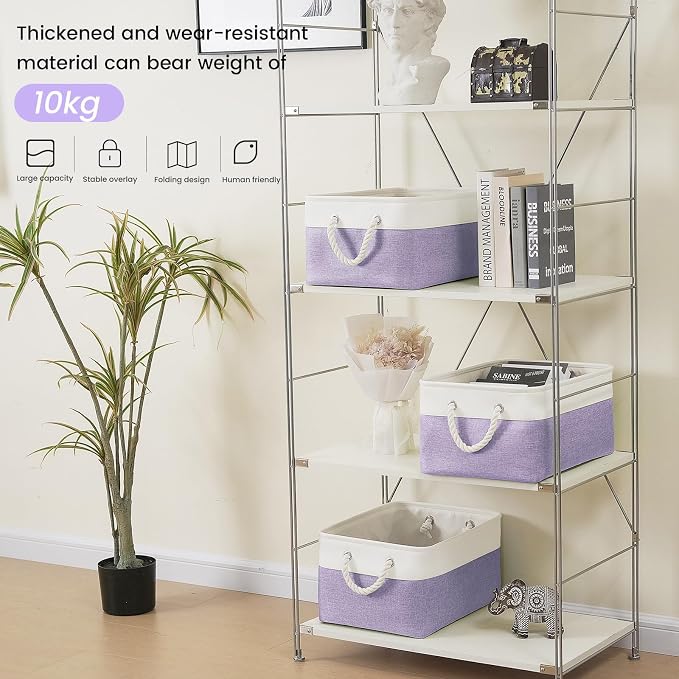 Large Storage Baskets- 15.7x11.8x8.26 inch Storage Bins for Shelves and Closet Organizing, Foldable Fabric Bin for Home Organization Clothes and Laundry (6-Pack, White&Purple) - Image 3