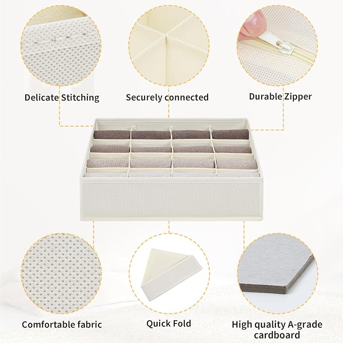 Joyoldelf Sock Drawer Organizer Divider Underwear Organizer 16-cell Fabric Dresser Drawer Organizers Storage Boxes for Socks Lingerie, Handkerchiefs, Ties 4 Pack (Beige) - Image 5