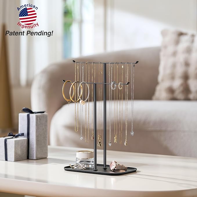pickpiff Necklace Holder Jewelry Organizer Stand – 2‑Tier T‑Bar Jewelry Display Tree with Tray for Countertop Necklace Bracelet Earring Storage, Vanity Dresser Bathroom Sink, Black - Image 7