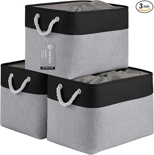 Large Storage Baskets- 16x12x12 inch Storage Bins for Shelves and Closet Organizing, Foldable Fabric Bin for Home Organization Clothes and Laundry (3-Pack, Black&Gray) by VQRTEXAStorageBasket