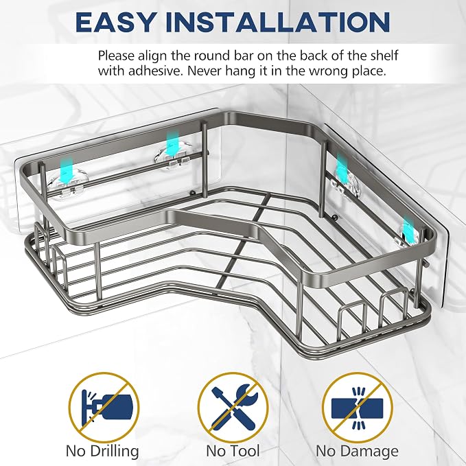 MAXIFFE 3 Pack Corner Shower Caddy with Soap Holder, Large Capacity Sturdy Easy Install No Drilling Stainless Steel Hold 40 LBS Shower Organizer Shelves Rack Storage for Family Renters Bathroom, Grey - Image 6