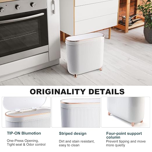 Supteron Bathroom Trash Can with Lid 3.2 Gallon Narrow Trash Can Small Plastic Trash Bin 12 Liter Rectangular Plastic Garbage Can with Press Type Lid for Bedroom Bathroom Milk White - Image 3