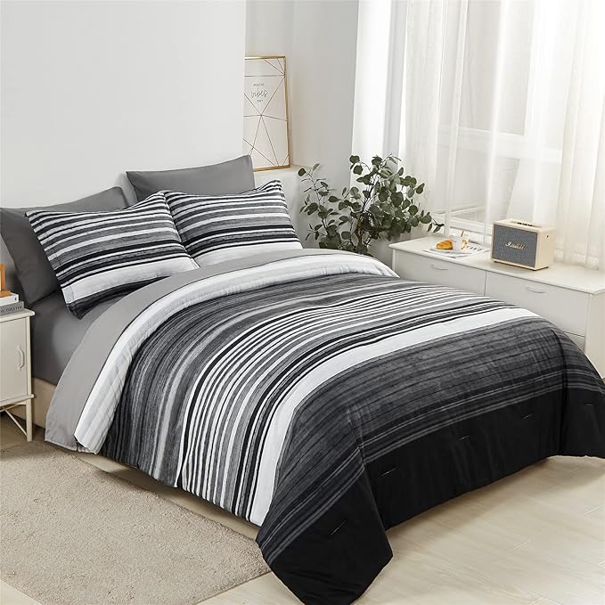 KAKIJUMN 7 Piece Bed in a Bag Stripe Comforter Set King Size, White Grey Black Patchwork Striped Comforter and Sheet Set, All Season Soft Microfiber Complete Bedding Sets(Grey,King)