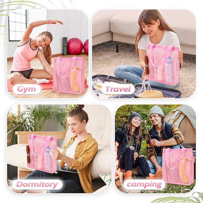 famichan Mesh Shower Caddy Portable, Gym Travel Camp Dorm Room Essentials for Women and College Girl, Pink Bathroom Shower Bag - Image 5