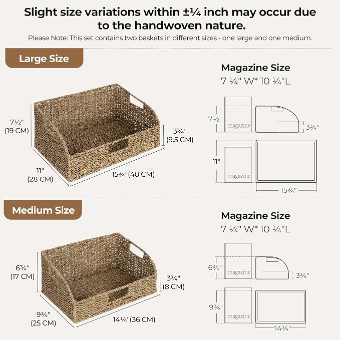 StorageWorks Pantry Baskets for Organizing, Seagrass Storage Baskets for Shelves with Built-in Handles, Pantry Organizers and Storage, Set of 2 (Large and Medium) - Image 2