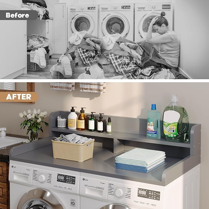 2-Tier Washer Dryer Countertop with 2.75"H Edge Rails, 54" W x 27.55" D Laundry Countertop for Folding Clothes, Washer and Dryer Topper with Non-Slip Pad (Gray) - Image 6