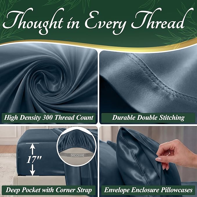 DECOLURE 100% Viscose Derived from Bamboo Sheets Queen Size - Luxury 6 Pc Naturally Cooling Sheets, Ultra Soft Bed Set - Deep 17" Pockets, Durable Double Stitching, Oeko Tex Standard (Navy Blue)