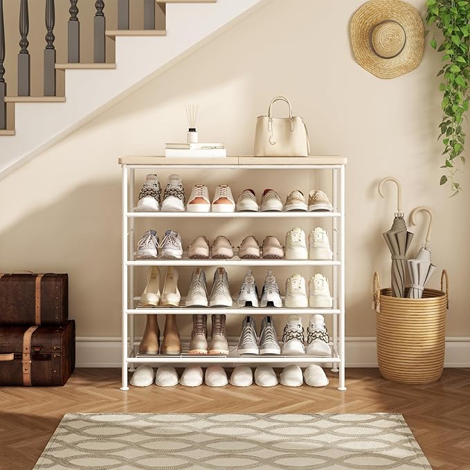 SUOERNUO Shoe Rack Organizer 5 Tier for Closet Entryway Free Standing Metal Storage Shoe Shelf with MDF Top Board，White+Oak - Image 5
