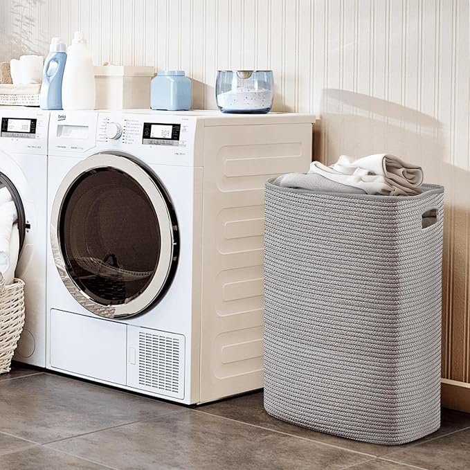 MEGASKET Large Laundry Hamper 16"x13"x22" - Tall Woven Laundry Basket, Cotton Rope Dirty Clothes Hamper, Baby Kids Nursery Wicker Laundry Basket, Bedroom Aesthetic, Soft Laundry Bin, Gray Hamper, 75L - Image 5