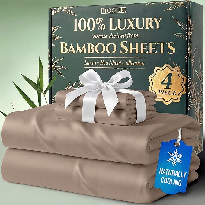 DECOLURE 100% Viscose Derived from Bamboo Sheets Twin Size - Luxury 4 Pc Naturally Cooling Sheets, Ultra Soft Bed Set - Deep 17" Pockets, Durable Double Stitching, Oeko Tex Standard (Taupe)