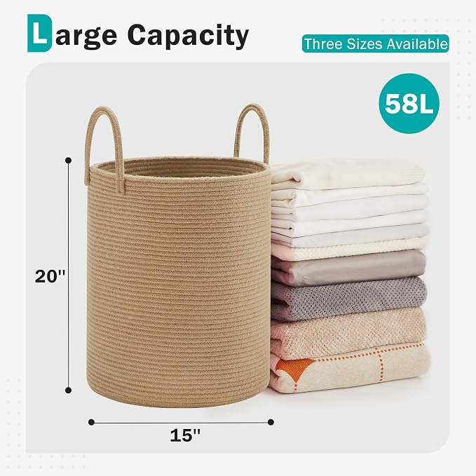 YOUDENOVA Cotton Laundry Hamper, 58L - Woven Collapsible Storage Basket - Jute Brown - Image 2