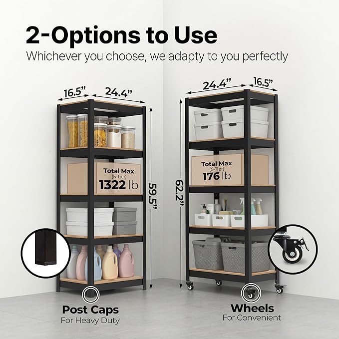 HOMEDANT House 24.4" W 5 Tier Heavy Duty Garage Shelving Adjustable Metal Rack Storage Shelves Standing Shelf Unit Organizers Pantry Closet Office Black 1Pack - Image 2