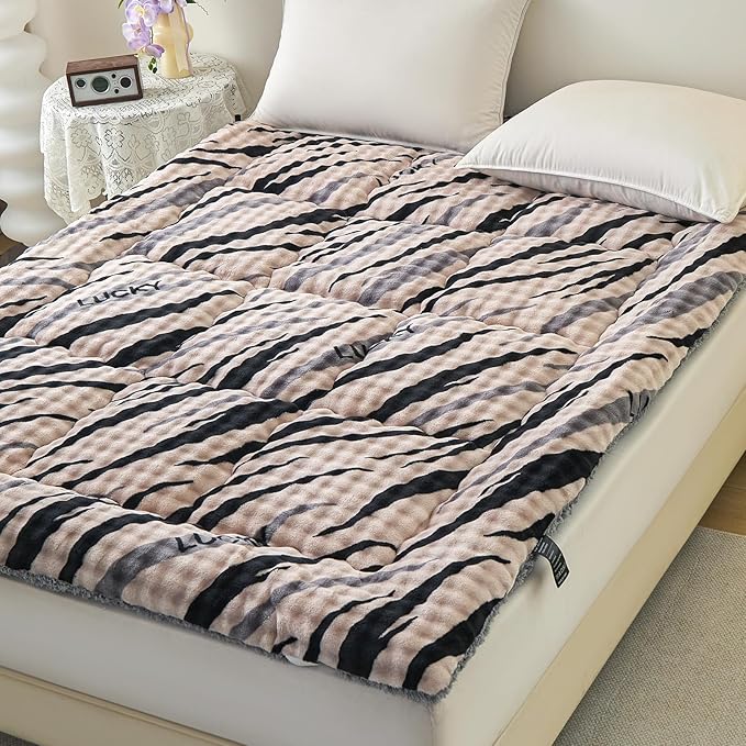 Mattress Topper Queen Size 60 x 80 inches, Warm Thicken Velvet Queen Mattress Pad Breathable and Comfortable with 4 Elastic Band, Deep Pocket Stretchable up to 15 inches Washable, Brown Leopard