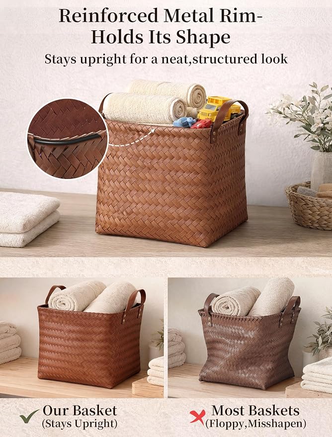 Hand Woven Baskets for Storage, 4Pcs Water-Resistant Wicker Baskets, Brown Wicker Storage Baskets for Shelves, Large Basket with Handle for Organizing, Clothes, Laundry, Blanket - Square - Image 5