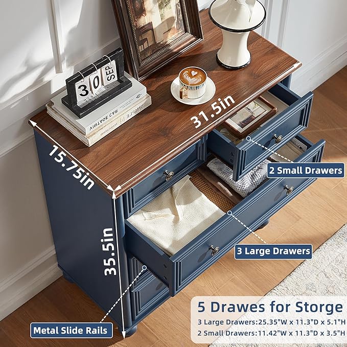 RWYHG Farmhouse 5 Drawer Dresser Set of 2, Blue Rustic Chest of Drawers, 35.5" Tall Small Dressers for Bedroom with Roman Column and Metal Handles,Wood Storage Organizer for Living Room,Hallway,Closet
