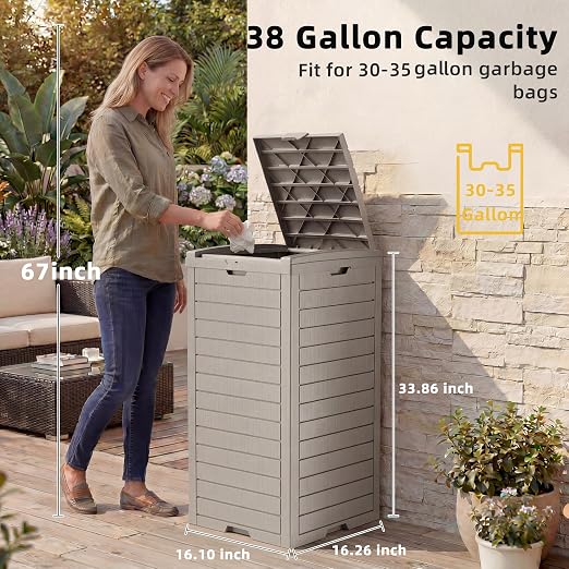 EFU 38 Gallon Outdoor Trash Can with Lid & Drip Tray, Waterproof Garbage Can for Patio Backyard Deck Porch, Heavy Duty Waste Container Bin，Light Coffee - Image 2