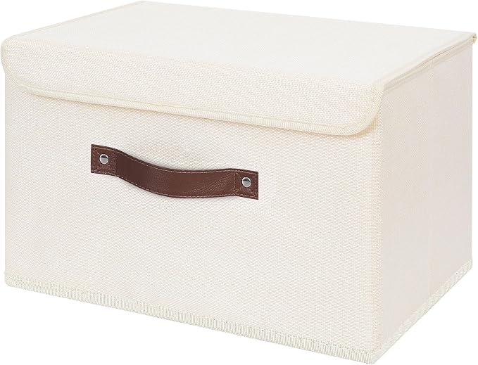 ANMINY Storage Bin with Lid Storage Boxes with PU Leather Handles PP Plastic Board Decorative Foldable Lidded Cotton Linen Fabric Home Cubes Baskets Closet Organizer Container - Beige, Large Size by ANMINY
