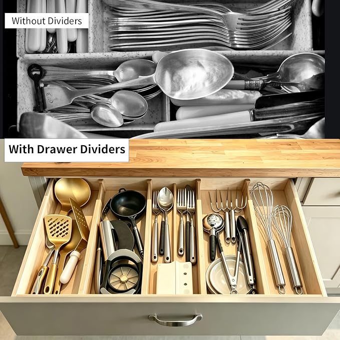 Utoplike 4 pcs Bamboo Kitchen Drawer Dividers Large, Adjustable Drawer Organizers, Spring Loaded, Expandable Organization Works in Kitchen, Dresser, Bathroom, Bedroom, Drawer, Desk - Image 4