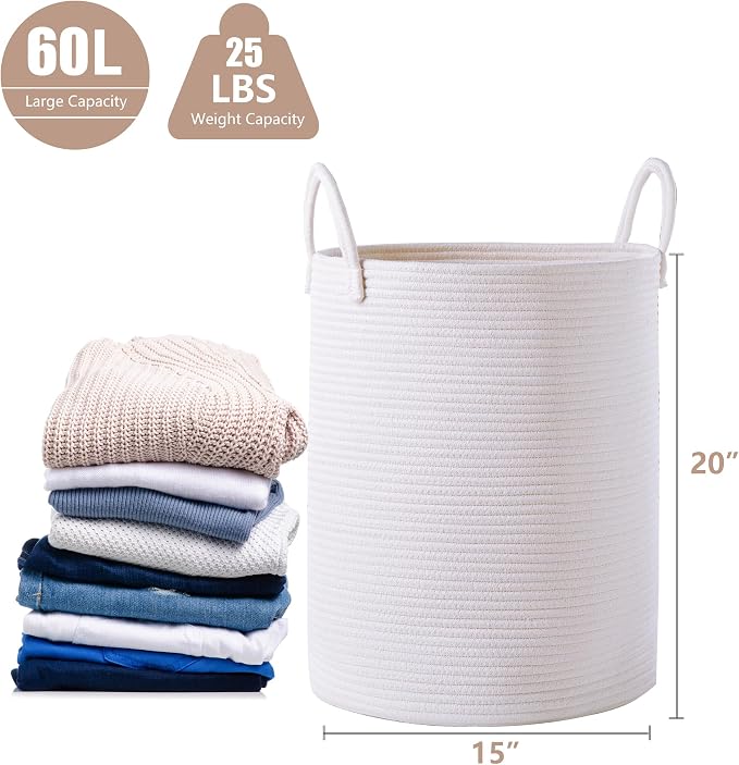 60L Pure White Woven Hamper Laundry Basket Cotton Rope Blanket Basket for Living Room 15Dx20H inches Tall Clothes Hamper for Baby Nursery Kids in Bedroom Large - Image 3
