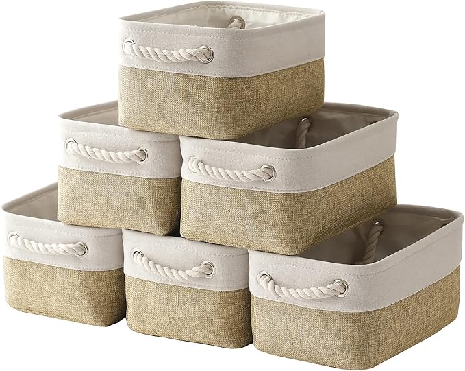 TheWarmHome Storage Basket for Shelves - 12x8x5.2 inch Small 6 Pack Collapsible Storage Bin for Closet with Handles, Fabric Storage Cubes for Cloth Organizer Gift Toy Decorative (White & Khaki) by TheWarmHome