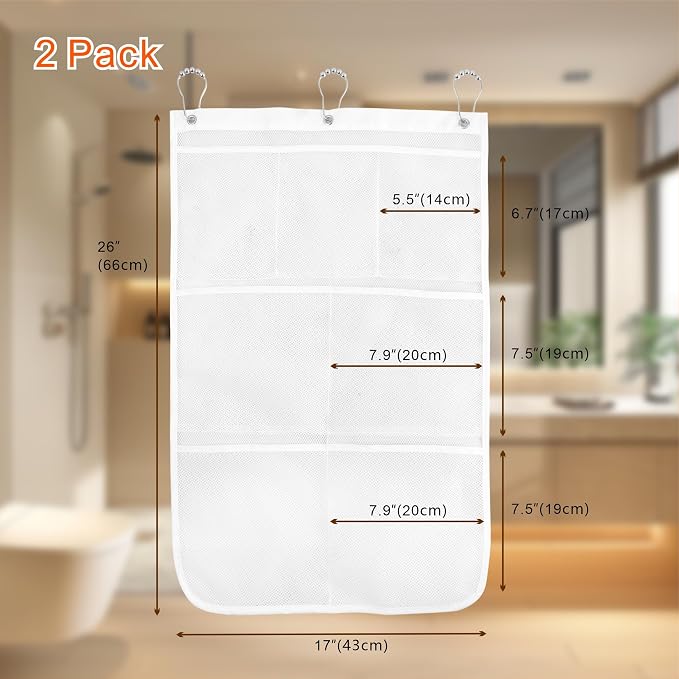 Mesh Shower Caddy Hanging, 7 Pockets Hanging Bathroom Organizer with Quick Dry Mesh, Portable, Can Store Soap, Loofah Shampoo and Cruise Ship Essentials, 17 Inch by 26 Inch, White, 2 Pack - Image 2