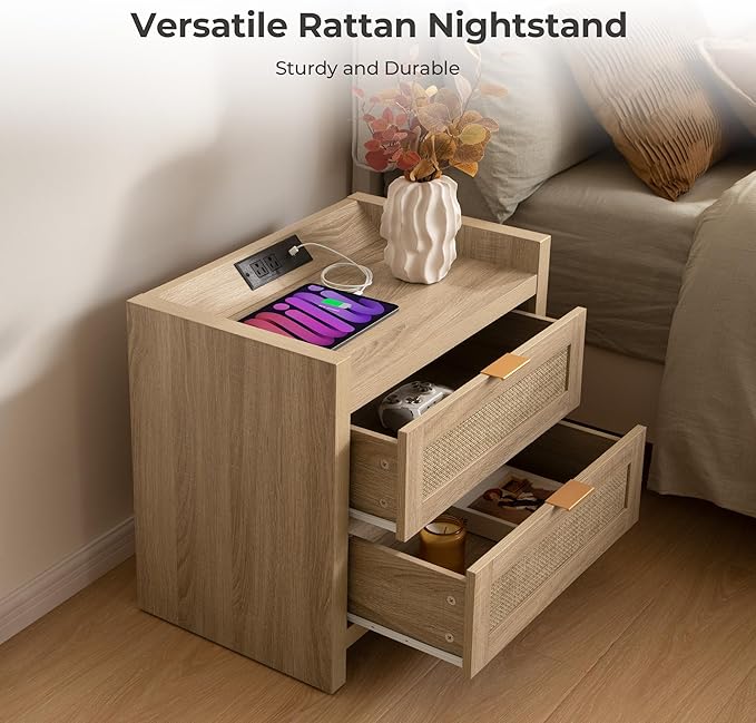 SICOTAS Rattan Nightstand Bedside Table - Night Stand with Type-C Charging Station, 2 Drawers Storage - Boho Night Stands End Table for Bedroom - Light Oak