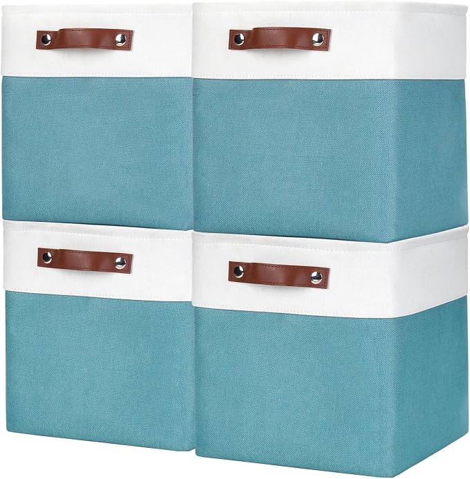 Bagnizer Collapsible Fabric Storage Cubes 11x11 Cube Storage Bins, 4 Pack Closet Baskets Box with Handles for Organizing, Shelf, Toys, Clothes, Home, Office, Nursery (Teal&White) by Bagnizer