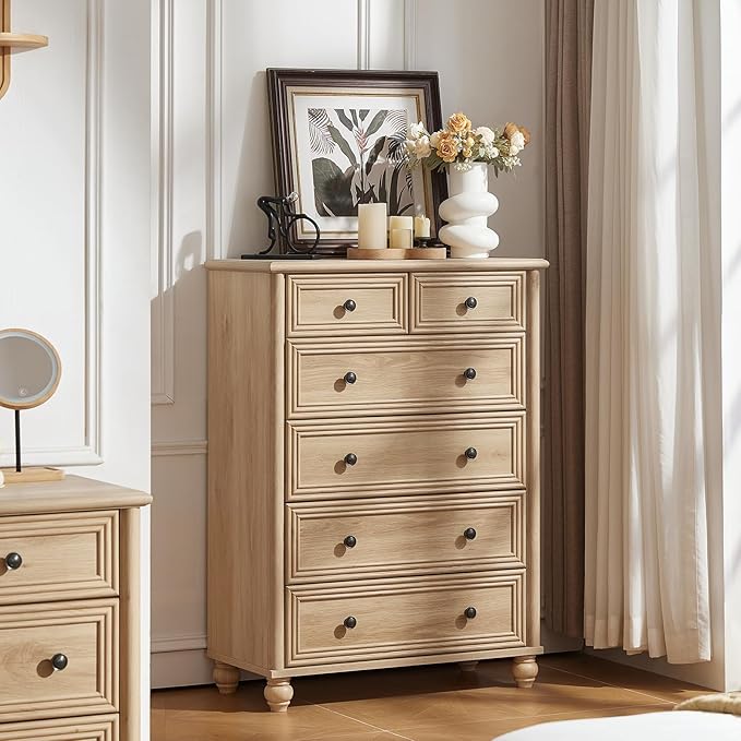 RWYHG Farmhouse 6 Drawer Dresser, 15.75"D x 31.5"W x 43.5"H Chest of Drawers for Bedroom, Natural Tall Dresser with 4 Solid Wood Feet, Wood Storage Dressers Organizer for Living Room Hallway Closet