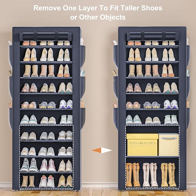 OYREL Shoes Rack 10 Tier Tall Shoe Rack with Storage Pockets, Fabric Covered Shoe Racks,Metal Shoes Rack Organizer for Closets,Bedroom, Garage - Image 9